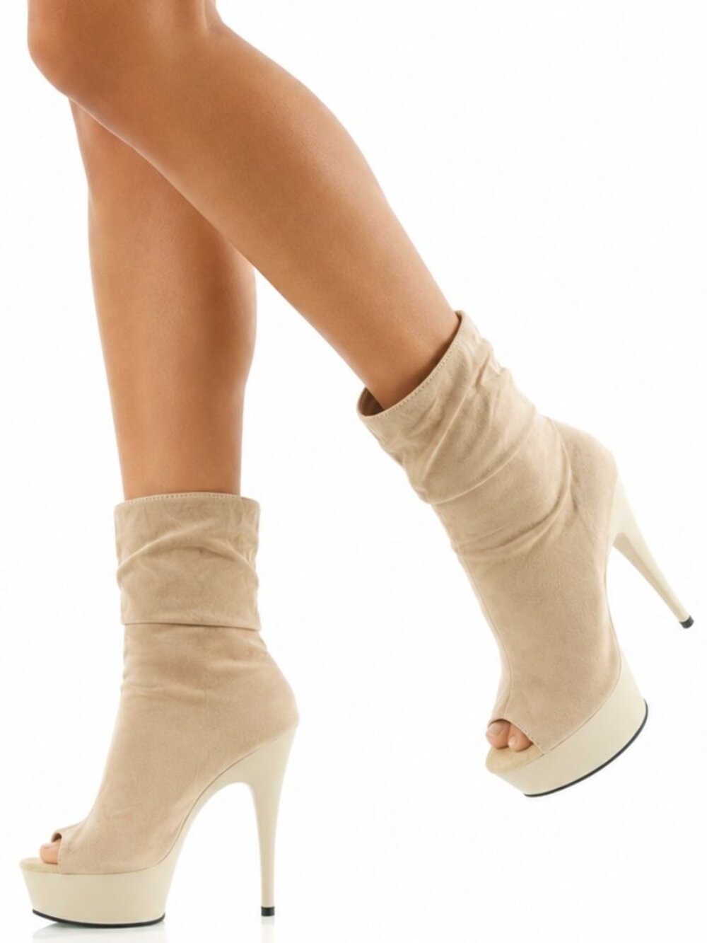 Size 12 Delight 1031 Beige FX Suede Open Toe Slouch Ankle Boots 6" Heels
